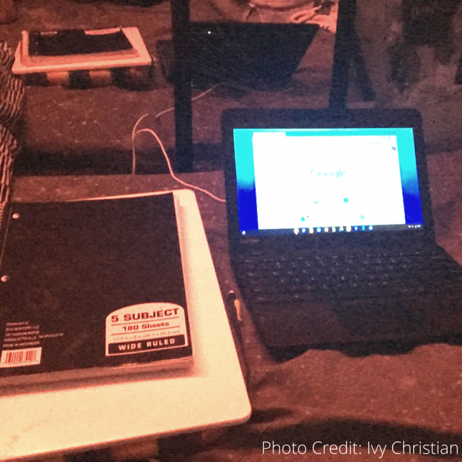 A chromebook and a stack of notebooks sits patiently before a student gets to work.