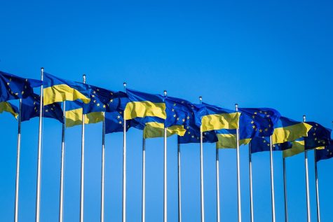 Ukrainian flags fly at the European Union Parliament in a show of support