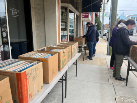 Records available outside of Deep Grove Records on the final day of their sidewalk sale