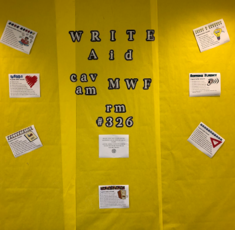 The bulletin board in the 400 pod informing students about the writing center.