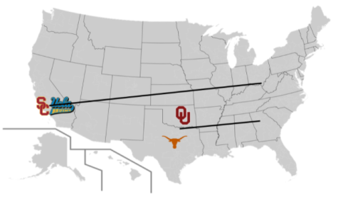 With the recent conference realignment, USC and UCLA will play games in the midwest while Oklahoma and Texas will travel to the southeast.