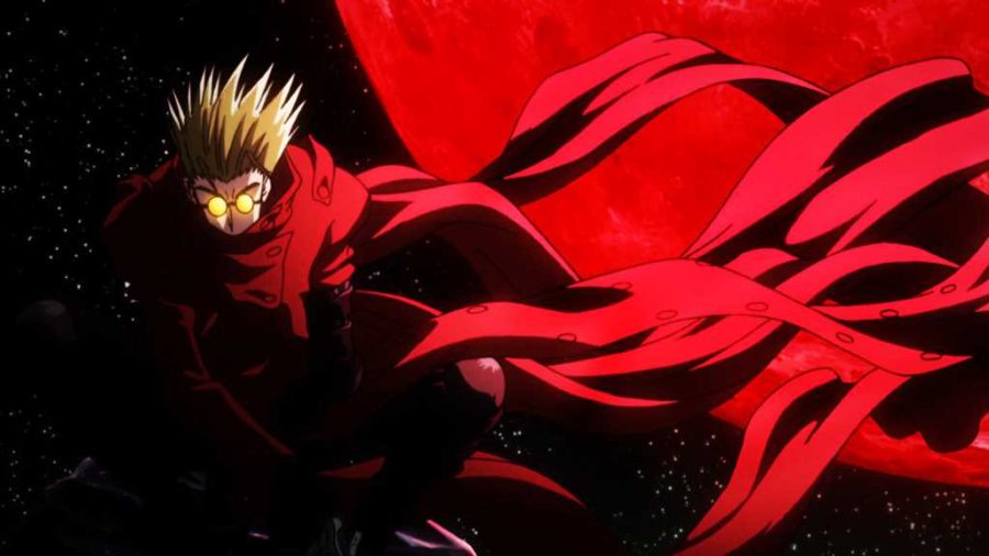 Vash+stricking+a+power+pose+in+front+of+the+Fifth+Moon.
