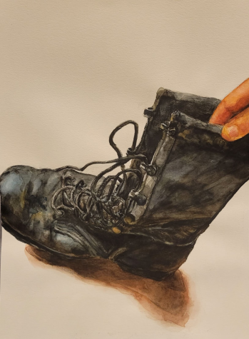 A painting depicting an army boot.
