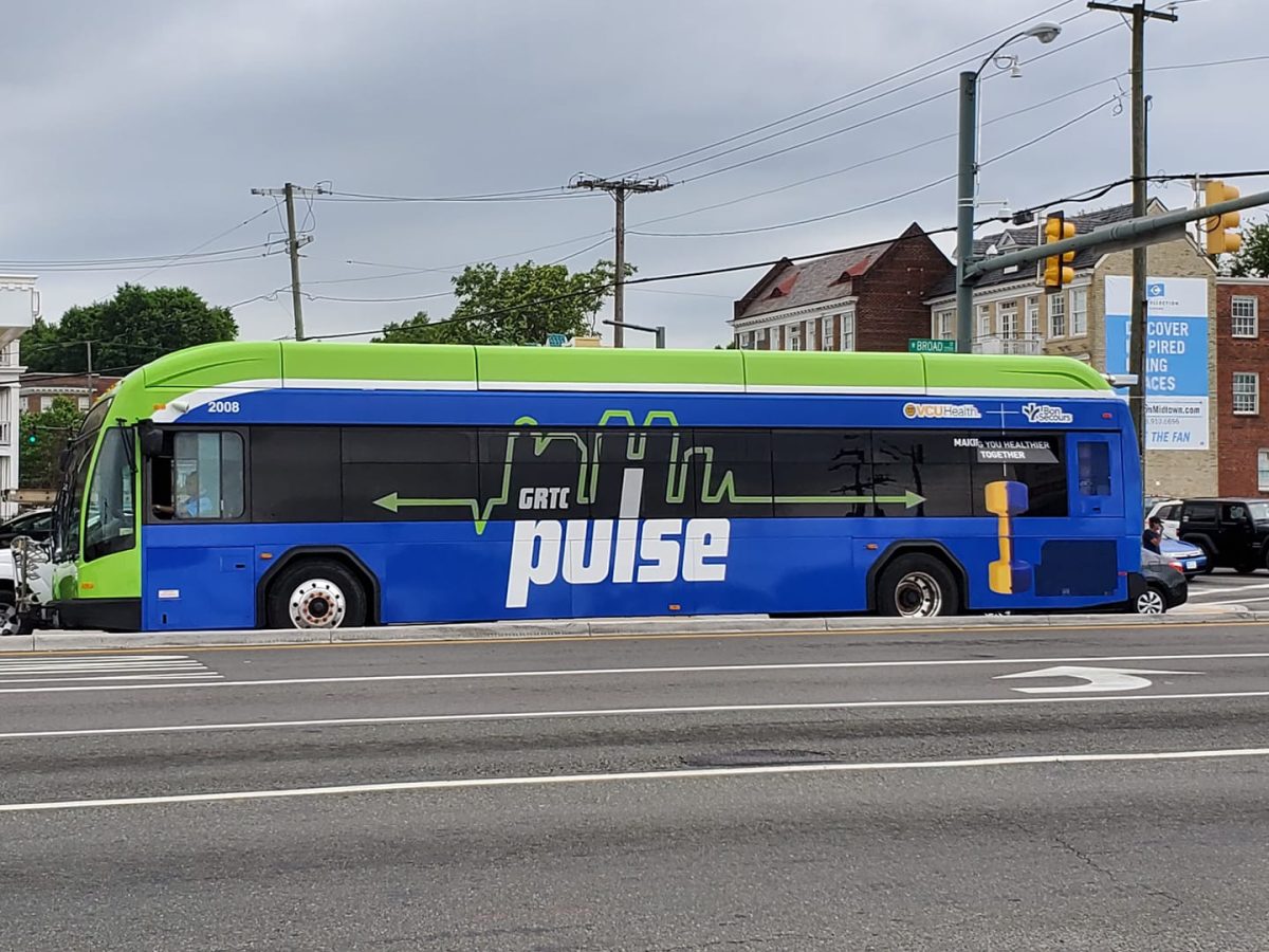 GRTC Rapid Transit Pulse bus heading south on Broad Street.