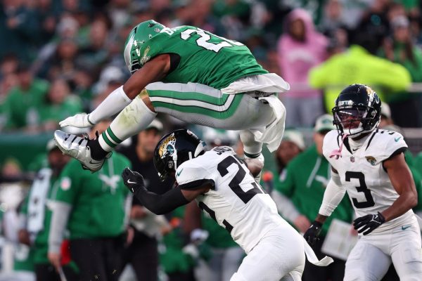 Philadelphia Eagles running back Saquon Barkley hurdles Jacksonville Jaguars cornerback Jarrian Jones in the second quarter of the Eagles' 28-23 victory in Philadelphia on November 3. 

Credit: Elsa/Getty Images