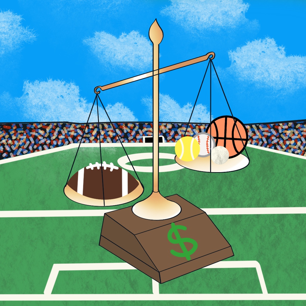 A drawn image of a balance scale with a football on the side weighing other sports balls down.