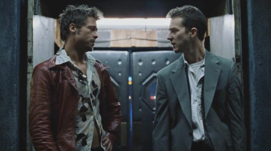 Tyler Durden, played by Brad Pitt, on the left. The unnamed Narrator, played by Edward Norton, on the right.