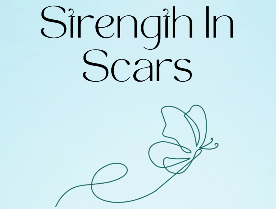 Line art butterfly with the words "Strength in Scars" above it