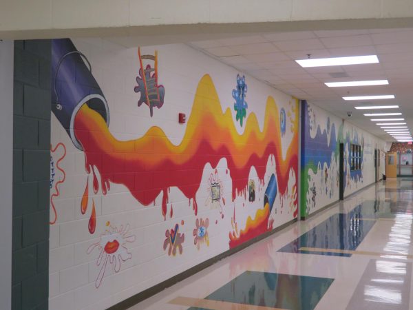 Painted art mural on the walls of the 100s hallway