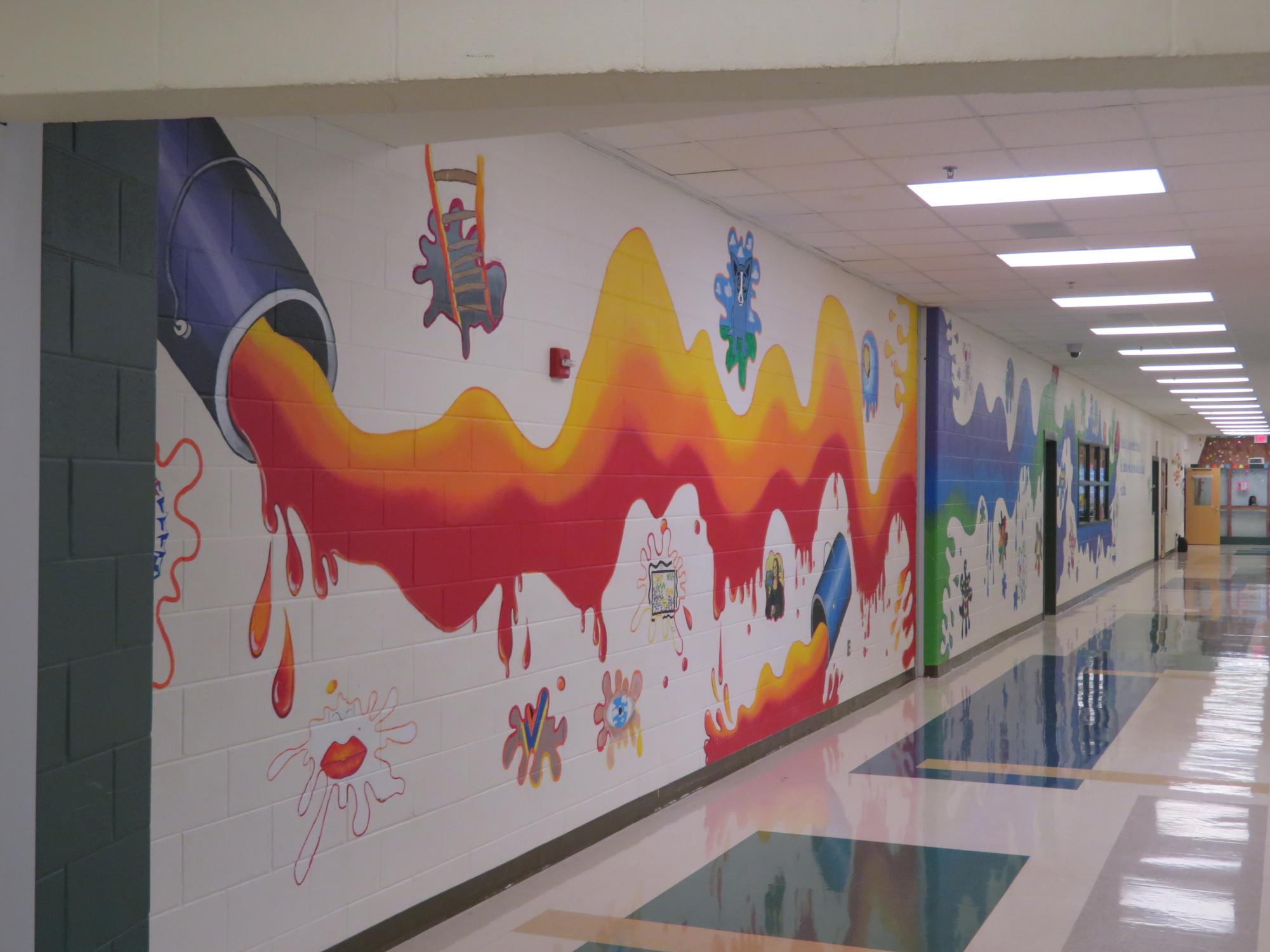 Painted art mural on the walls of the 100s hallway
