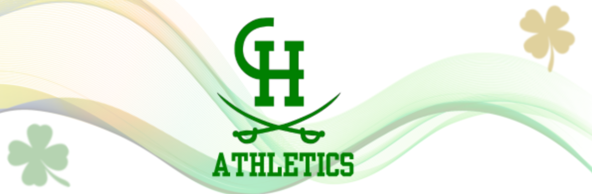 Clover Hill Athletics banner with a white background with yellow and green streaks and the Clover Hill Athletics logo.