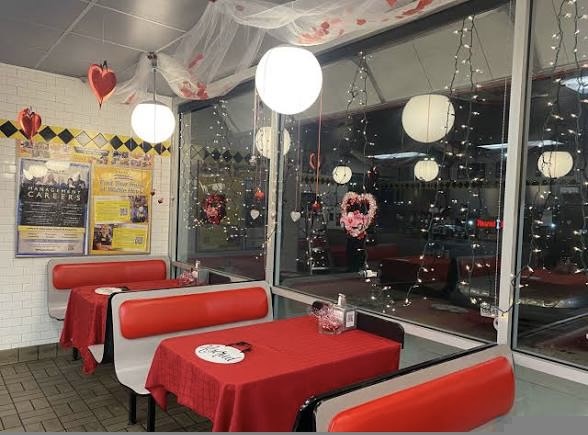 Waffle House Valentine's Day interior decorations.