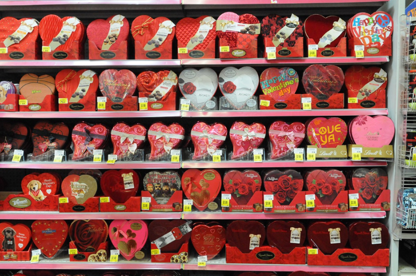 Walmart aisle fully stocked with valentines day gifts.